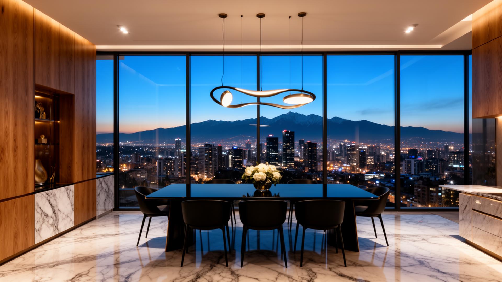 Comedor con vista al skyline de Santiago al atardecer